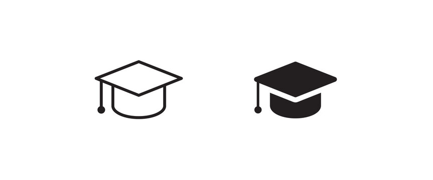 Outline Mortar Board or Graduation Cap. Educator graduation icon, seminar, classes line icons set, editable stroke isolated on white, linear vector outline illustration, symbol logo design style
