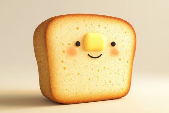 A cute cartoon slice of bread with a pat of butter smiling happily.