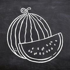 Watermelon seamless set on black background. Sketch of watermelon on chalk board. Line art of fruit on black board