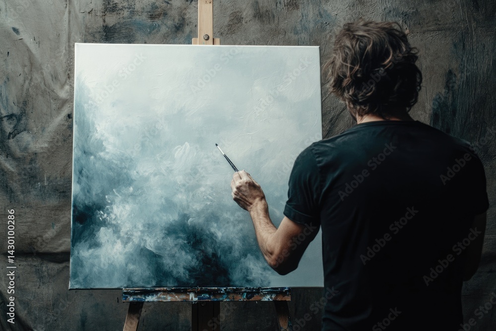 Poster an artist paints a serene abstract landscape on a canvas using a brush, creating a calming atmospher