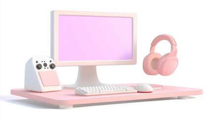 Modern Pink Desktop Setup Featuring Monitor Keyboard Mouse And Headphones