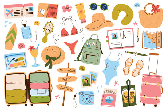 Cartoon flat illustration set, stylish solo travel and summer vacation for women. Trendy items for beach holidays and travel packing, vector suitcases, swimsuits, maps and trip essentials