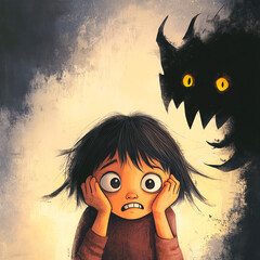 Fearful child imagining a dark monster in the shadows representing childhood nightmares and anxiety concepts.