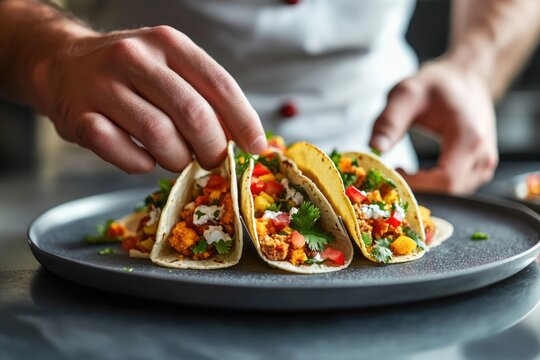 Chef's hands carefully arrange delicious tacos filled with savory meat, vibrant vegetables, and creamy sauce.