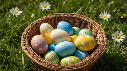 Fototapeta premium Colorful Easter Eggs in a Wicker Basket on Green Grass with Daisies