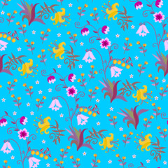 Delicate seamless pattern with embroidered pink, purple and yellow flowers and berries on a sky-blue background. Fabric print. Floral embroidery.