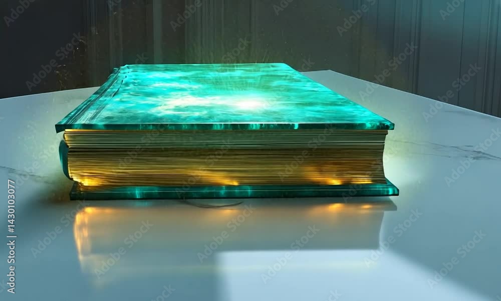 Poster a mystical glowing book resting on a table, with shimmering light effects in a serene setting