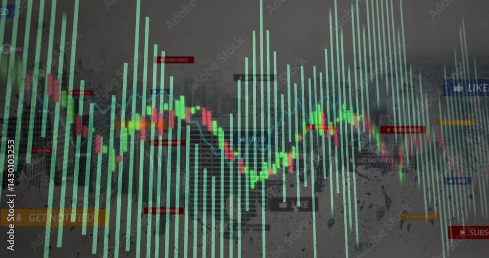 Poster translucent bars rising while colorful candlestick graph weaving in flat design skyline dashboard