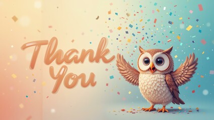 A cheerful owl with outstretched wings surrounded by colorful confetti, conveying a message of gratitude and joy.