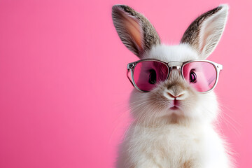 A cute and funny bunny wearing stylish sunglasses, positioned on the right side of the image with an isolated background