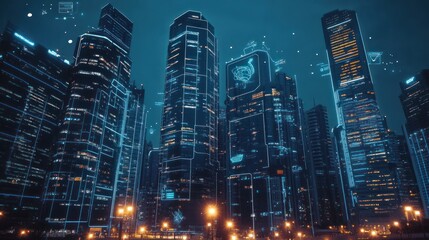 Futuristic cityscape at night with digital overlays.