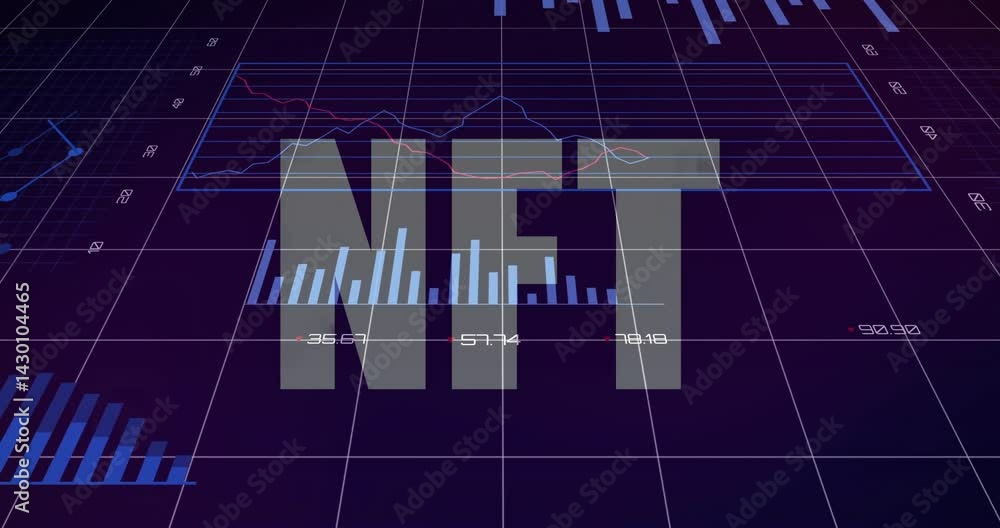 Poster nft label hovering over digital dashboard, displaying line plots, bar and pie charts in 3d render
