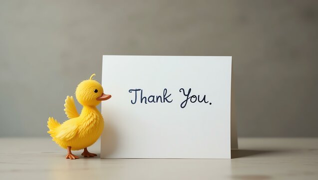 A cheerful yellow duck figurine stands next to a handwritten 'Thank You' card, symbolizing gratitude and joy in everyday life.