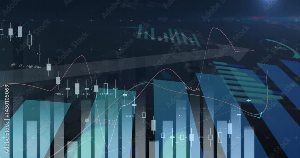 Poster Financial dashboard displaying bar charts and candlesticks, drawing line graphs and progress arcs