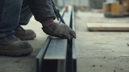 Construction Worker Handling Steel Beams