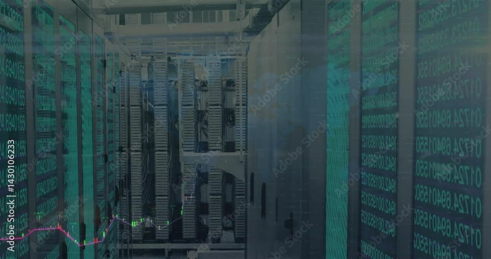Poster 3d render showing server racks floating data overlays in aisle, green streams and candlestick icons