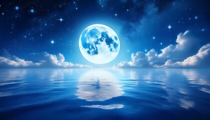 Very big moon at the ocean, with starry and milky way at sky