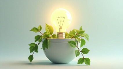 A glowing 3D lightbulb sprouting from a small plant pot with green leaves around the base &mdash; representing eco ideas or sustainable innovation &mdash; neatly on a white background.

