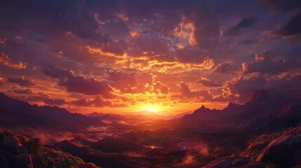 Fototapeta premium Dramatic sunset over mountain range with vibrant clouds.