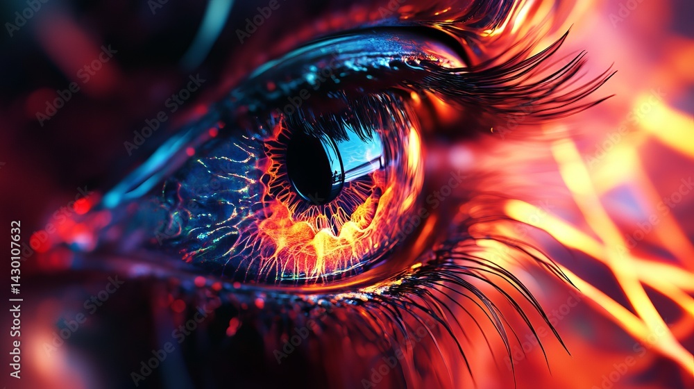 Poster a close up of an eye with vibrant colors and intricate details creating a mesmerizing visual effect