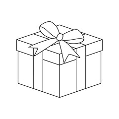Gift box with ribbons and bow. Coloring page with present box in nice wrapper. Black and white image of surprise for party, birthday, Christmas, New Year.
