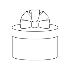 Coloring page with round gift box with ribbons and big nice bow. Contour image of present in beautiful  wrapper for party, birthday, Christmas, New Year.