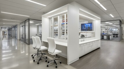 healthcare lab with white countertops, medical glassware, and clean equipment