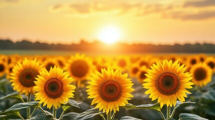 Obraz premium Vibrant sunflower field at sunset with golden hues and serene landscape
