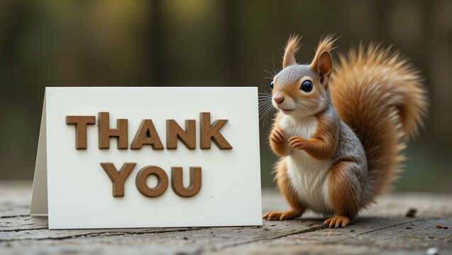 A cute squirrel poses beside a thank you card, showcasing gratitude in a charming and delightful manner.