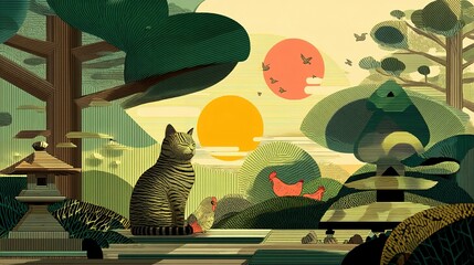 Peaceful zen garden scene featuring a cat and chickens.