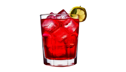 red cocktail with ice and lemon isolated on transparent background