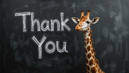 A delightful giraffe stands in front of a chalkboard displaying 'Thank You', blending nature with appreciation and creativity.