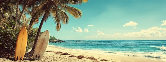 Idyllic tropical beach scene with surfboards under palm trees.