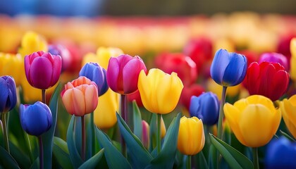 Blooming colorful tulip flowers in the field