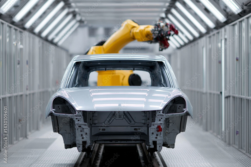 Aufkleber robotic arm installs engine into car frame in modern factory setting