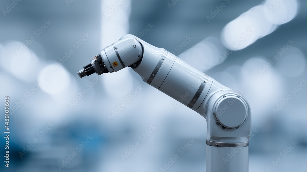 Poster sleek robotic arm with futuristic design in blurred industrial setting
