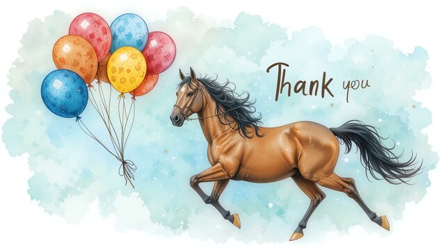 A joyful horse running with colorful balloons, symbolizing gratitude and celebration in a whimsical watercolor style.