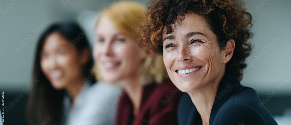 Poster smiling businesswomen in collaborative workspace, focusing on teamwork and positivity