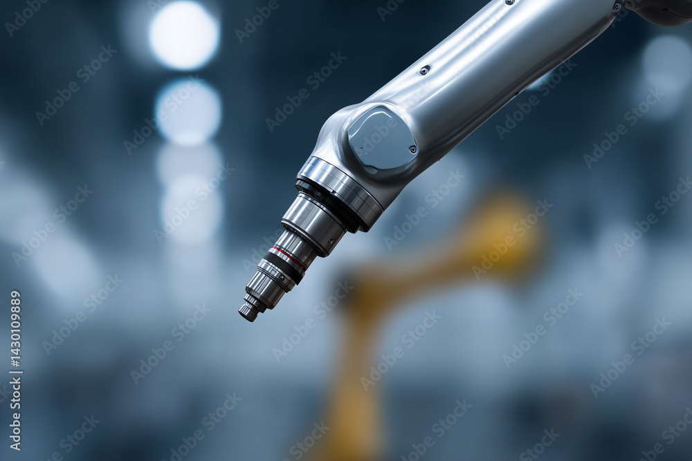Poster robotic arm with precise metallic design is in focus against blurred industrial background, showcasi