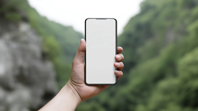 hand holding blank smartphone against blurred natural background, perfect for mockups - Powered by Adobe