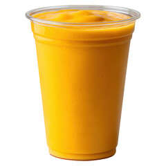 Refreshing Yellow Mango Smoothie in Clear Plastic Cup, isolated on transparent background.
