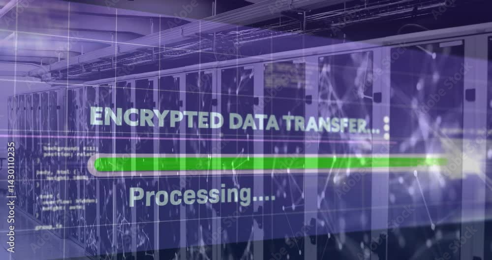 Poster 3d render server cabinets displaying encrypted data transfer overlay with moving green progress bar