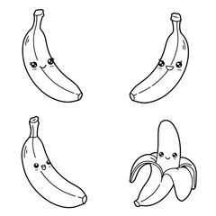 Banana iconicon vector collection in outlined and solid style.Yellow banana fruits. Whole and peeled bananas icon. Organic tropical fruit for juice, smoothie or healthy food. Vector illustration 