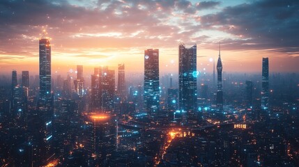 Fototapeta premium Futuristic Cityscape at Sunset