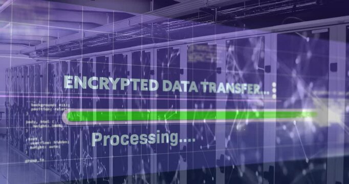 3D render server cabinets displaying encrypted data transfer overlay with moving green progress bar