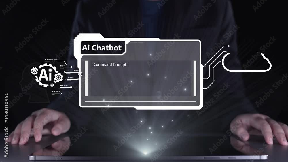 Poster human interact with ai artificial intelligence virtual assistant chatbot in concept of ai artificial