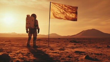 An astronaut placing a flag on the surface of a barren, red planet, with distant mountains, AI Generative.