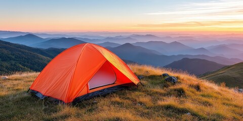 Vibrant Orange Tent Pitched on a Hilltop Under a Stunning Sunset Sky with Rolling Mountains in the Background