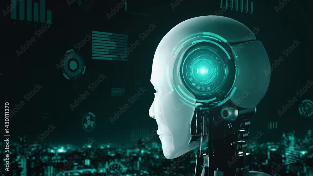 Poster futuristic robot artificial intelligence huminoid ai for industrial factory technology development a