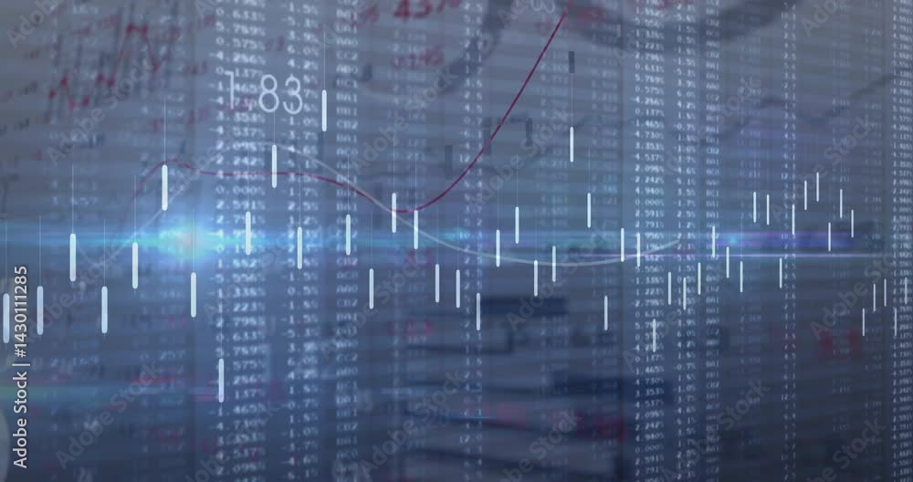 Poster displaying white candlestick bars and glowing line graph over blurred data columns in 3d render